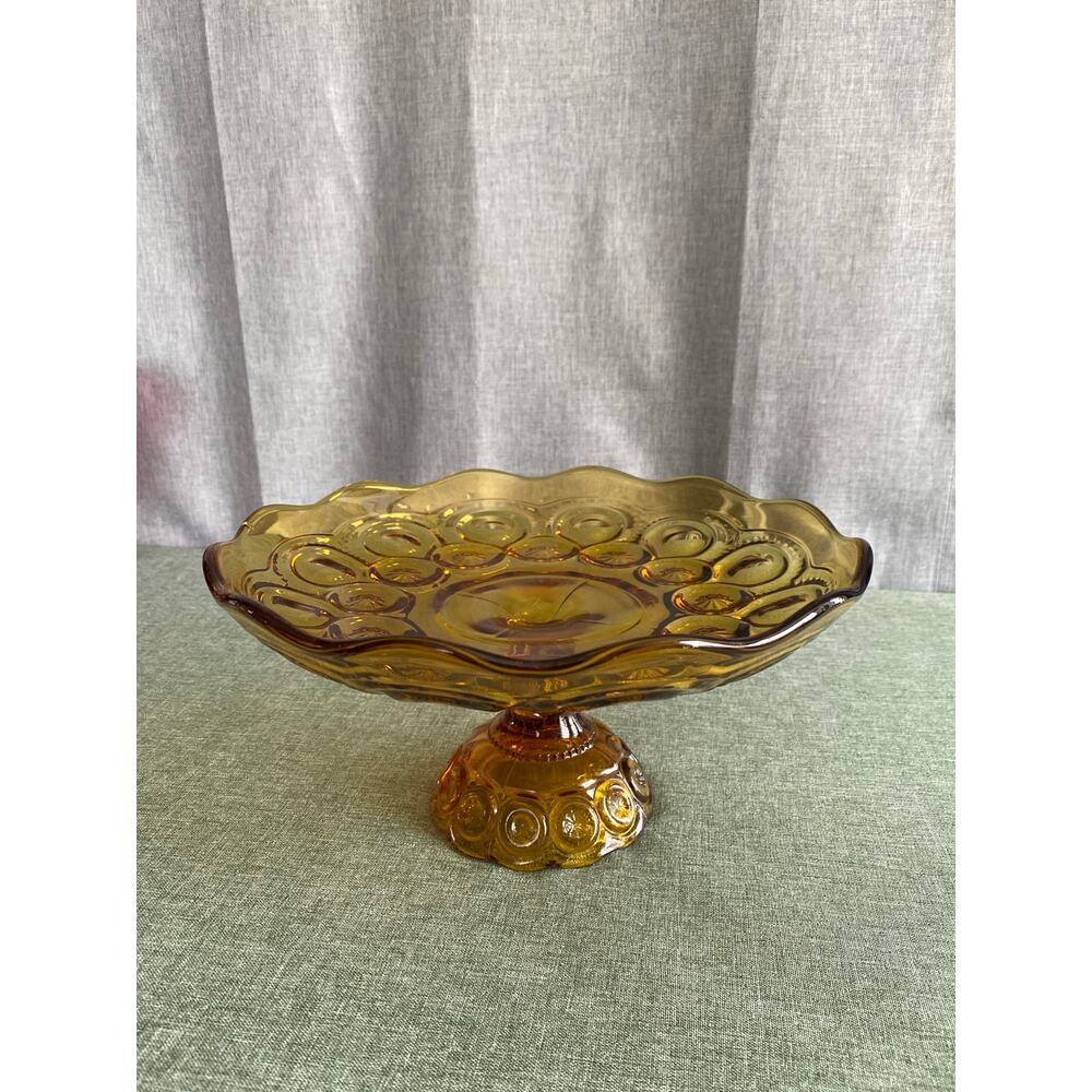 Vintage LE Smith Amber Glass Moon and Star Footed Compote & Taper Candle Holder